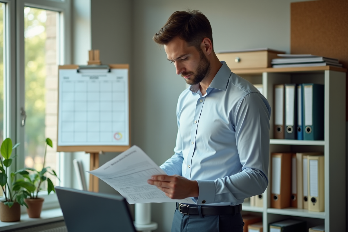 Homme vérifiant un calendrier dans un bureau organisé