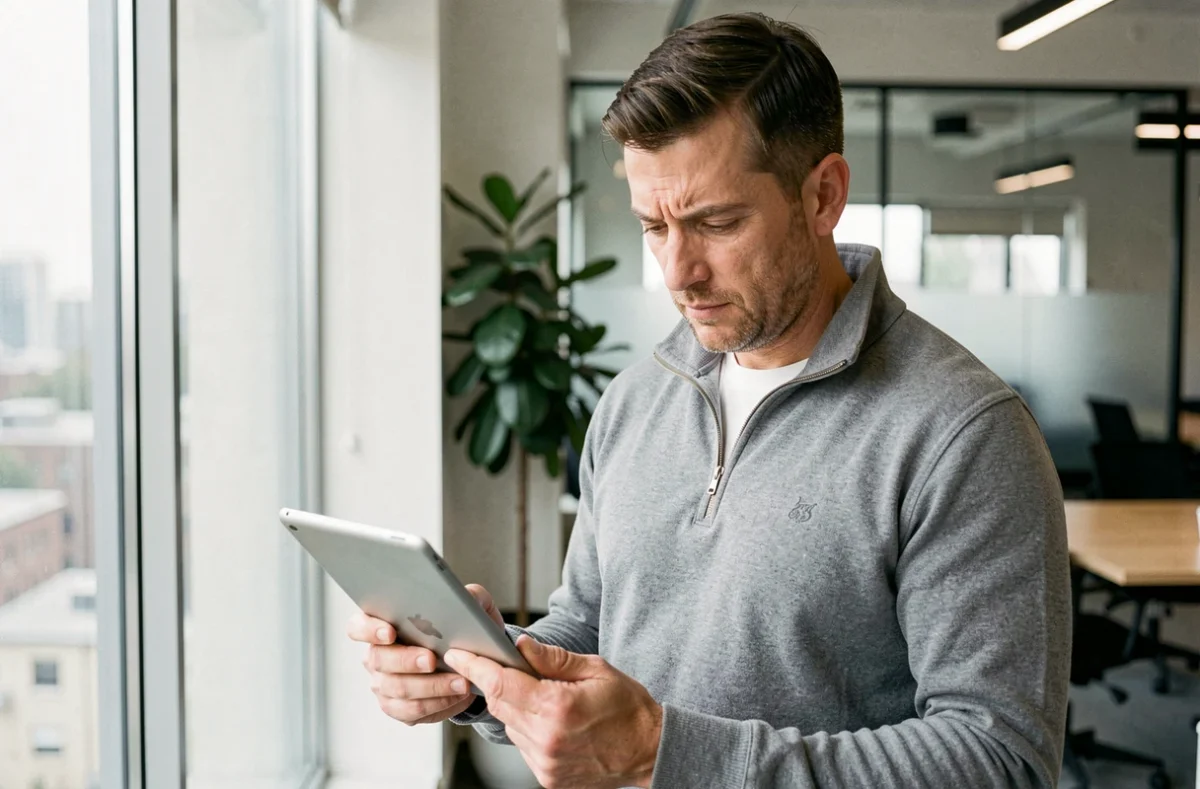 Homme consultant le portail en ligne du service client France Télécom sur une tablette au bureau
