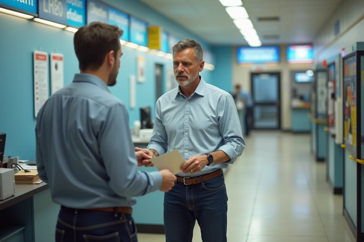 Homme frustr&eacute; parlant au guichet de la poste
