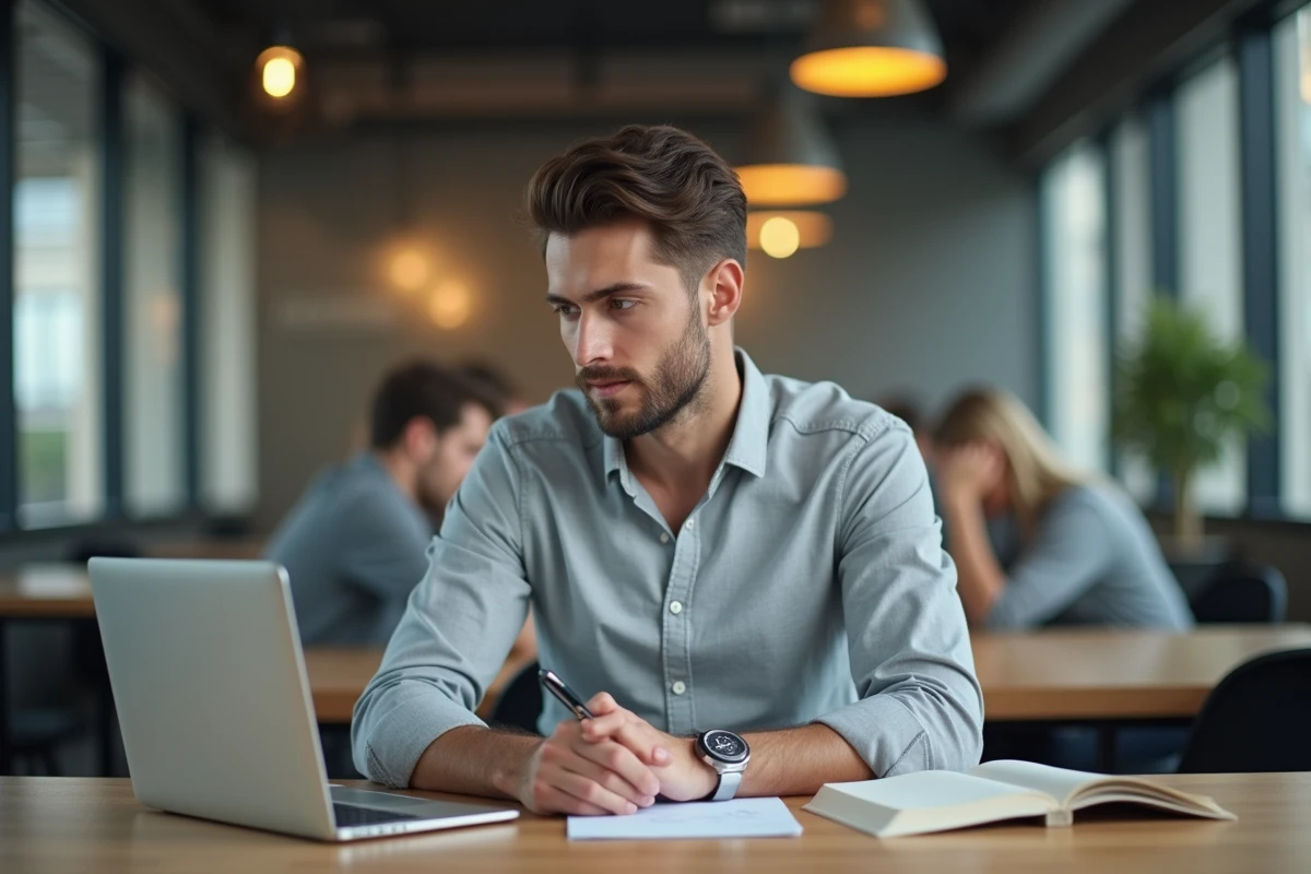Homme en chemise grise révisant ses notes avant un entretien en ligne dans un espace de coworking moderne