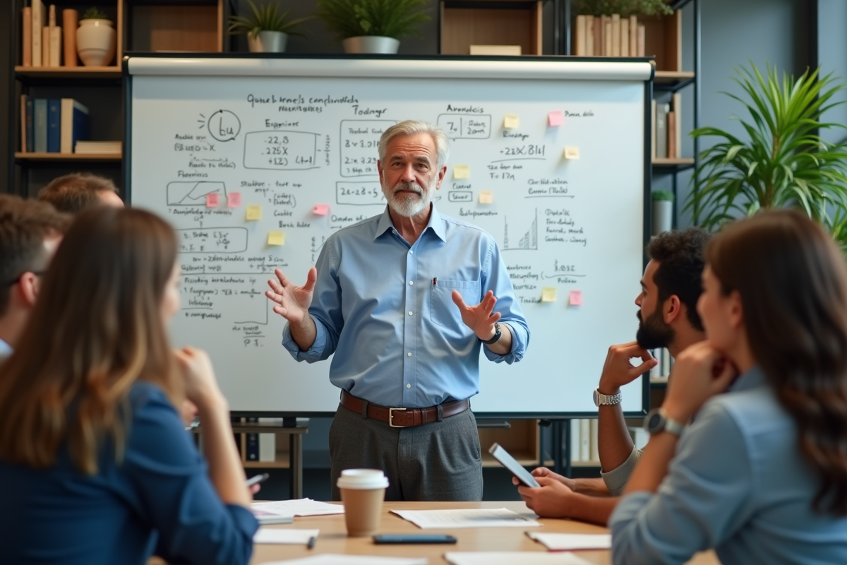 Homme en chemise expliquant des formules à ses collègues en réunion