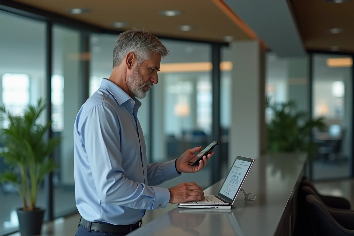 Homme vérifiant ses appareils en réception d