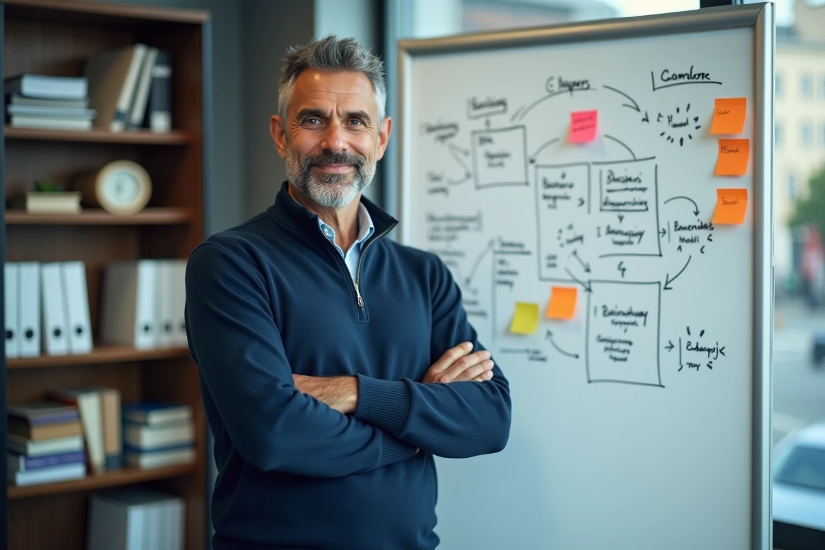 Homme en reconversion professionnelle planifiant son projet d'entreprise avec les aides disponibles en 2026