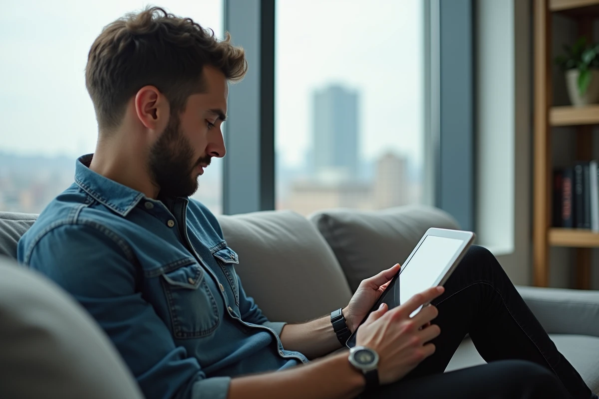 Homme utilisant une tablette pour voir une publicit&eacute; remarketing