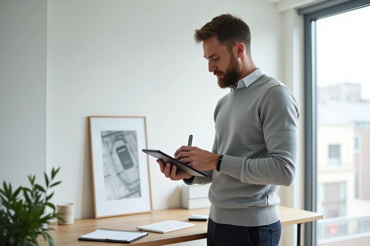Homme en télétravail utilisant une application de gestion de prospects sur tablette dans un bureau minimaliste