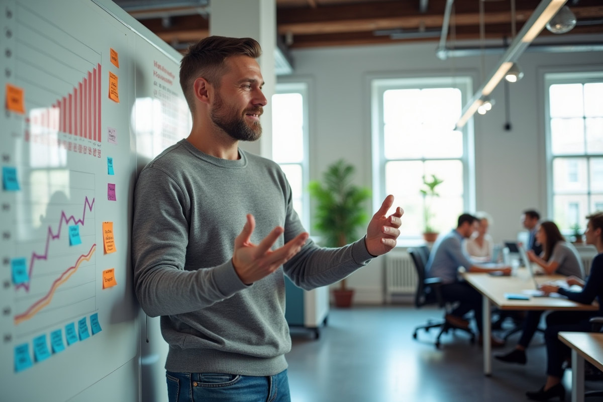 Homme discutant des tendances SEO devant un tableau blanc