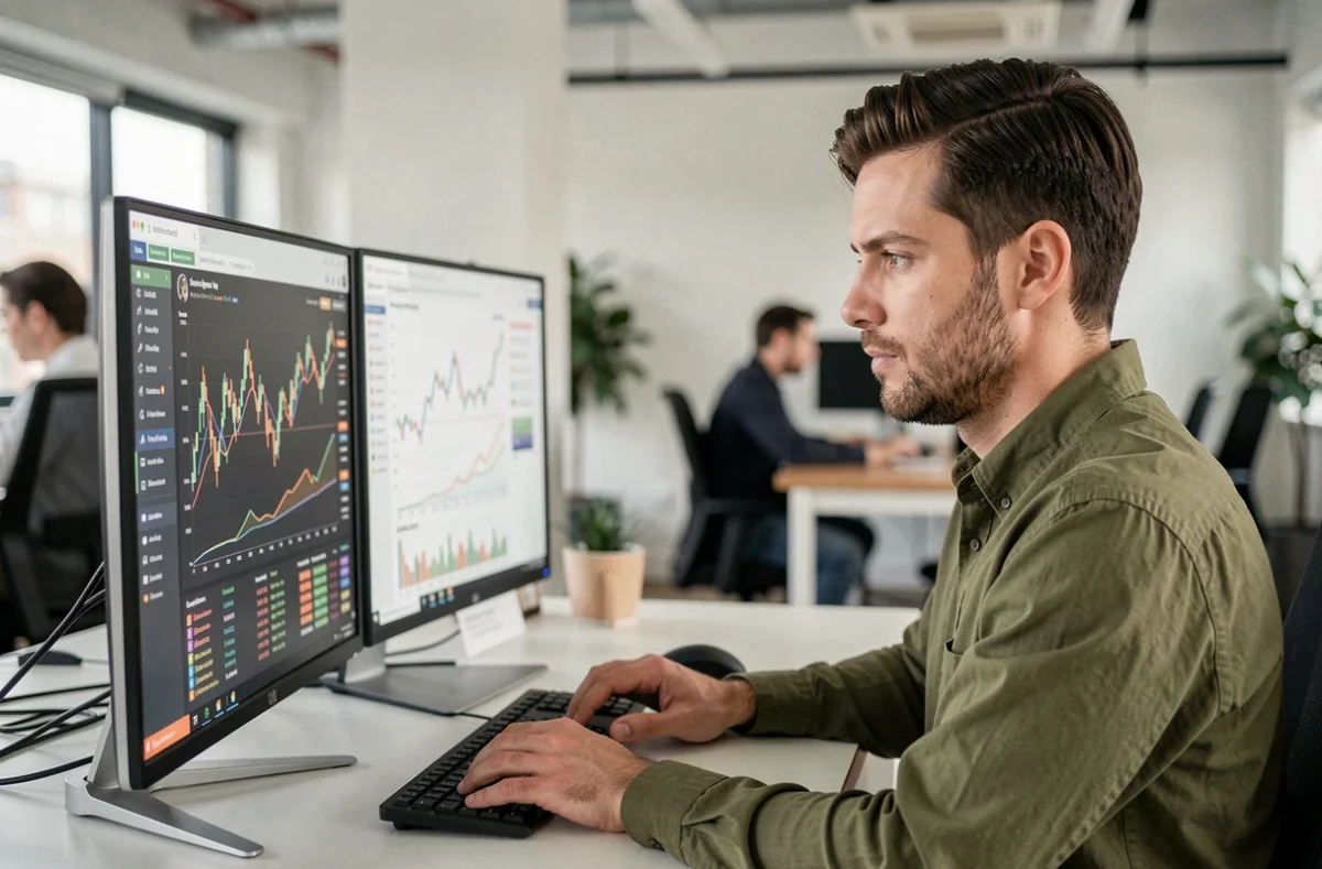 Spécialiste en marketing digital d'Impakte Digital analysant des données SEO et des graphiques de performance sur deux écrans