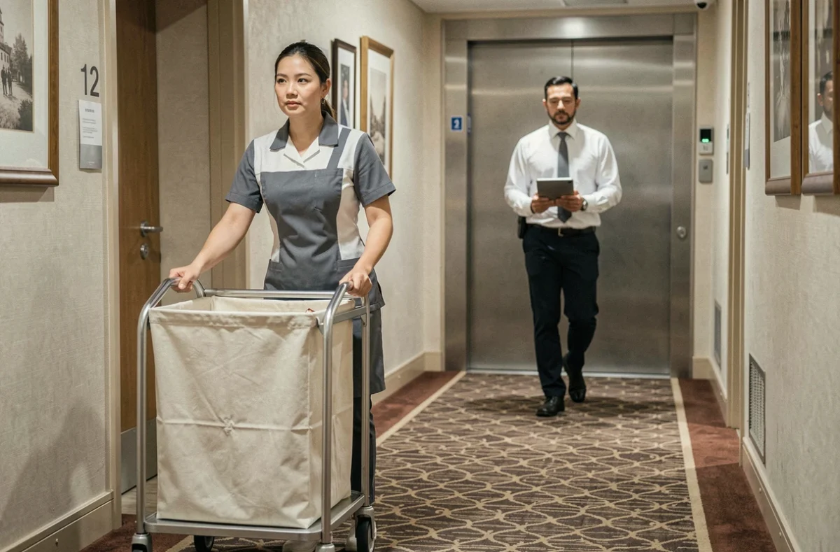Femme de chambre en uniforme dans un couloir d'hôtel avec un directeur masculin en arrière-plan, symbolisant les inégalités salariales entre femmes et hommes dans le secteur hôtelier