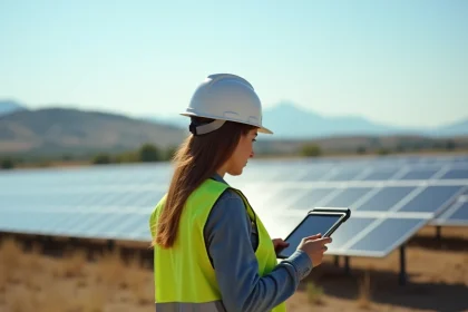 Ingénieure environnementale inspectant un champ de panneaux solaires photovoltaïques dans le secteur des éco-industries