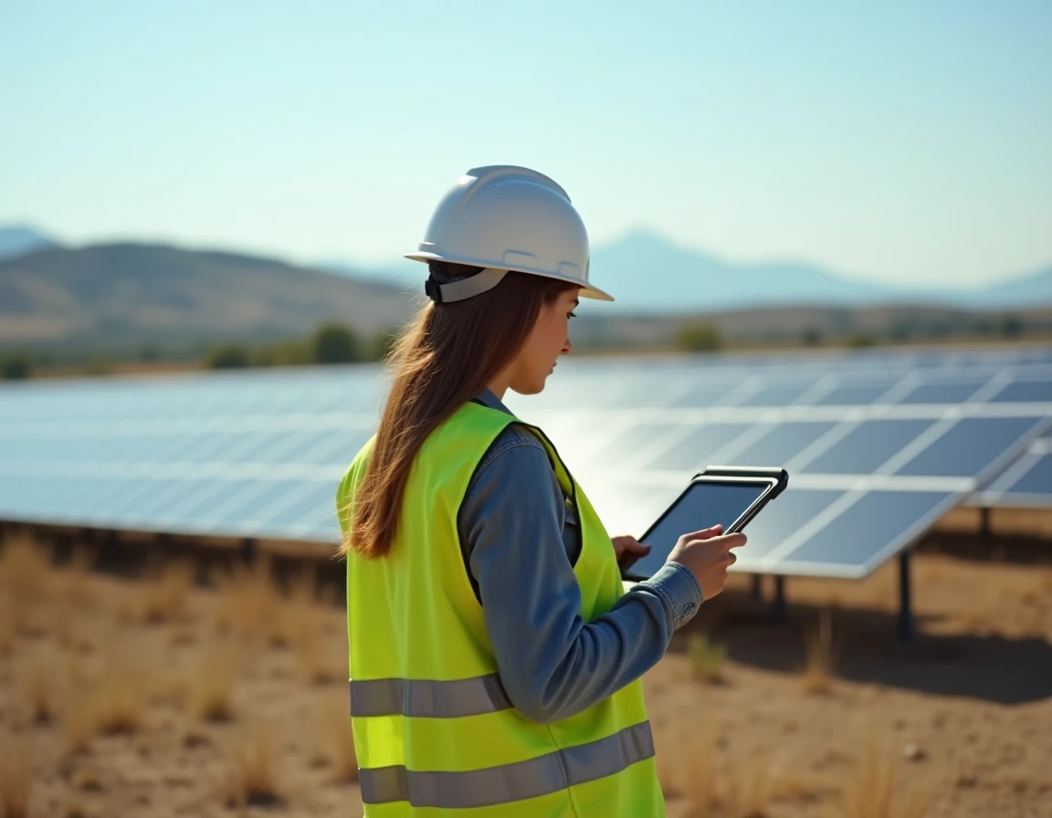 Ingénieure environnementale inspectant un champ de panneaux solaires photovoltaïques dans le secteur des éco-industries