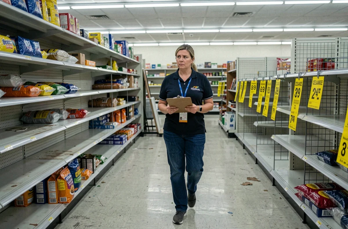 Intérieur d'un magasin en liquidation avec rayons partiellement vidés et employée portant un clipboard