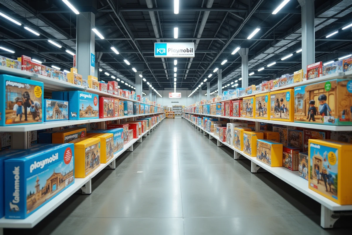 Vue intérieure d'un magasin outlet Playmobil avec des tables de jouets en promotion et une signalétique de marque