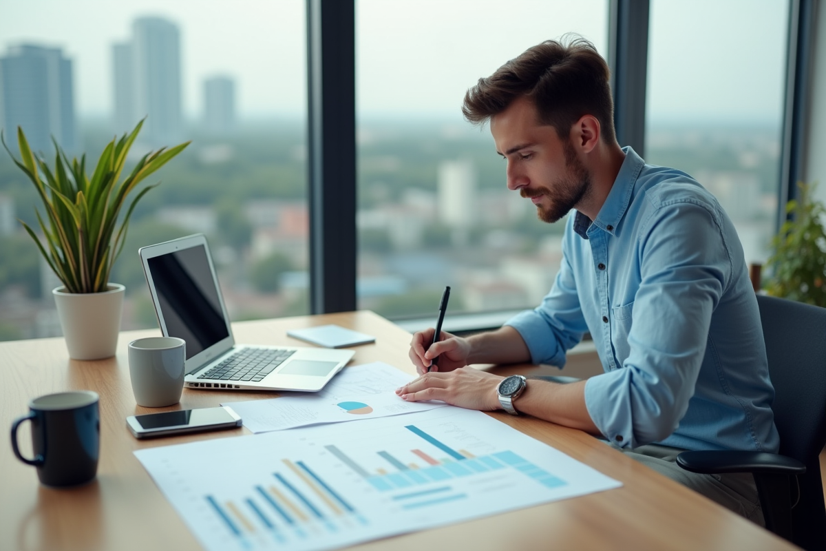 Jeune analyste prenant des notes sur graphique imprimé