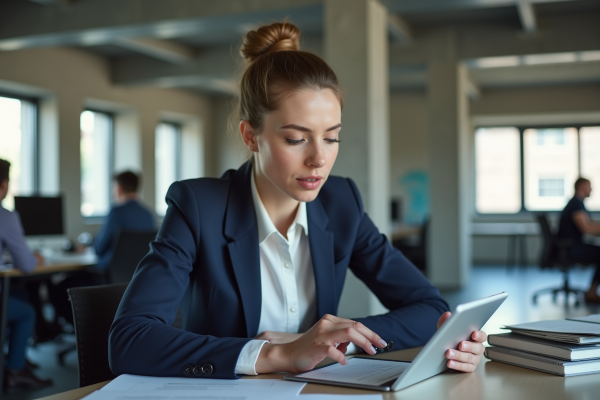 Jeune femme consultante en tech utilisant une tablette dans un espace de coworking