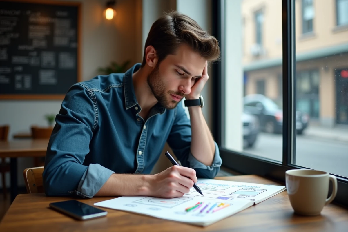 Jeune entrepreneur dessinant un business model canvas dans un carnet de croquis dans un café urbain