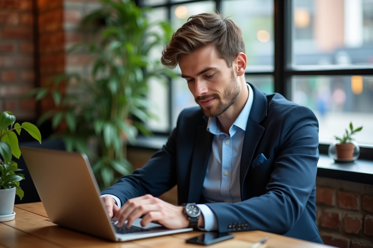 Jeune entrepreneur au café analysant une stratégie digitale