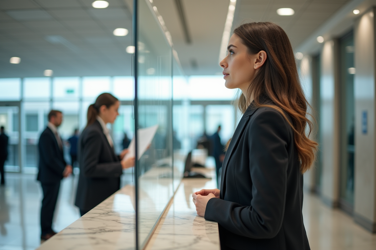 Jeune femme demandant des documents au tribunal