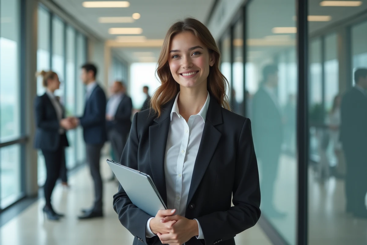 Jeune femme souriante dans un couloir de bureau moderne