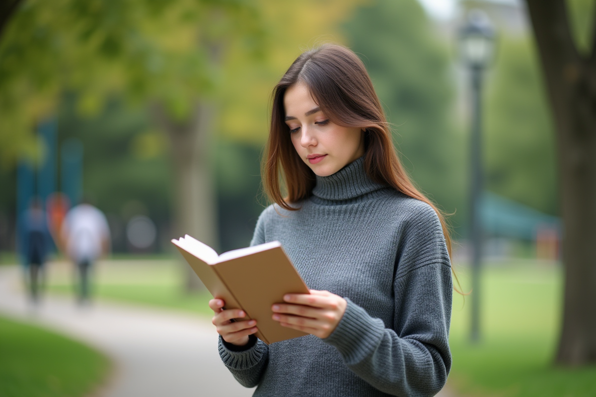 Jeune femme pensant avec un carnet dans un parc