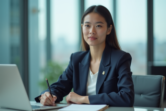 Jeune femme en bureau moderne avec ordinateur et skyline