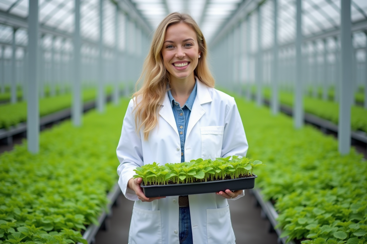 Jeune femme dans une serre haute technologie avec jeunes plants verts
