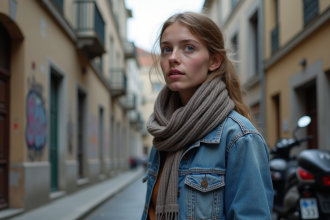 Jeune femme en denim dans un quartier urbain français
