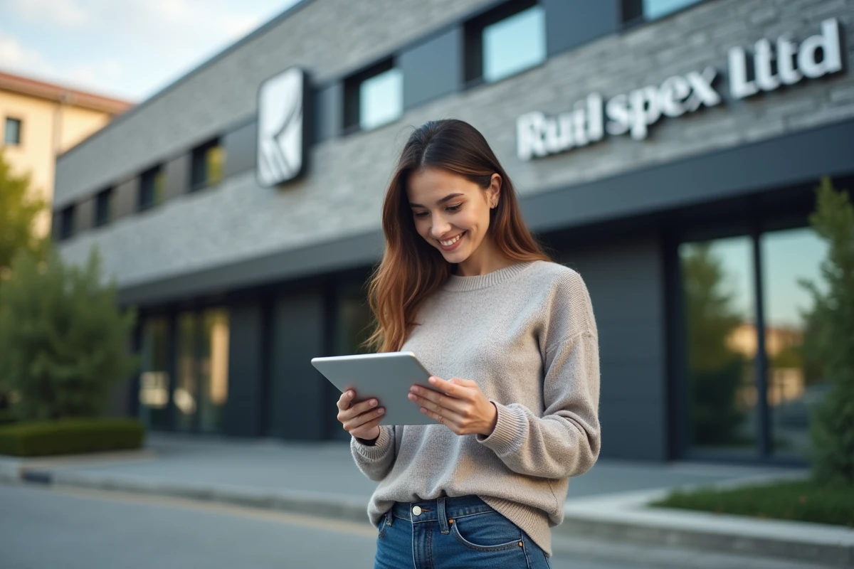 Jeune femme utilisant une tablette devant un b&acirc;timent d