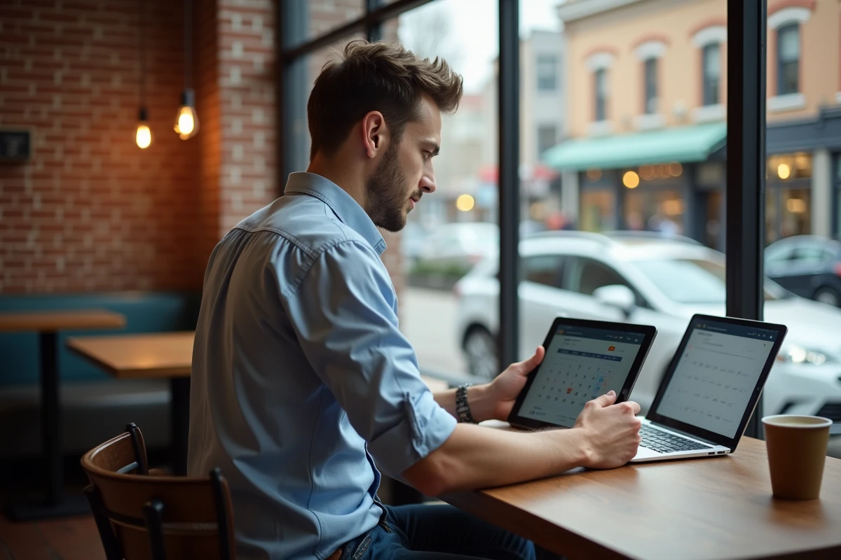 Jeune homme utilisant une tablette dans un caf&eacute;