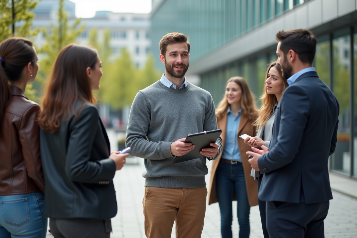 Jeune homme discutant avec collègues en plein air en ville