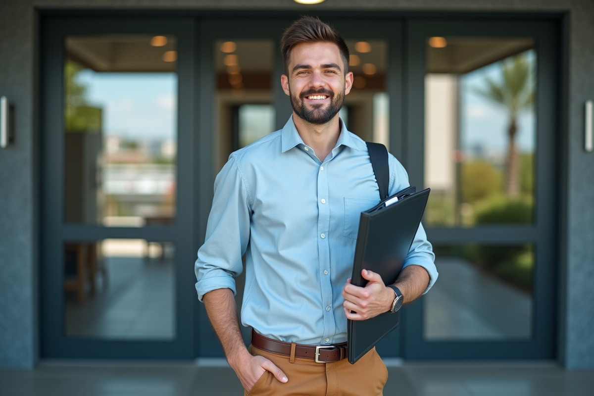 Jeune homme devant bâtiment de bureau avec dossier mutuelle