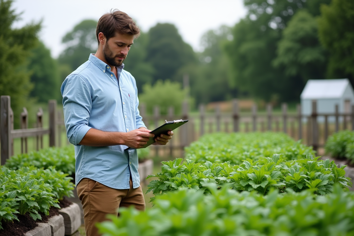 Jeune homme inspectant des herbes dans un jardin en plein air