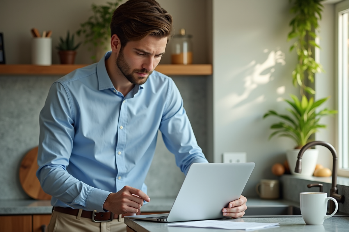 Jeune homme regardant un brouillon de lettre à la maison
