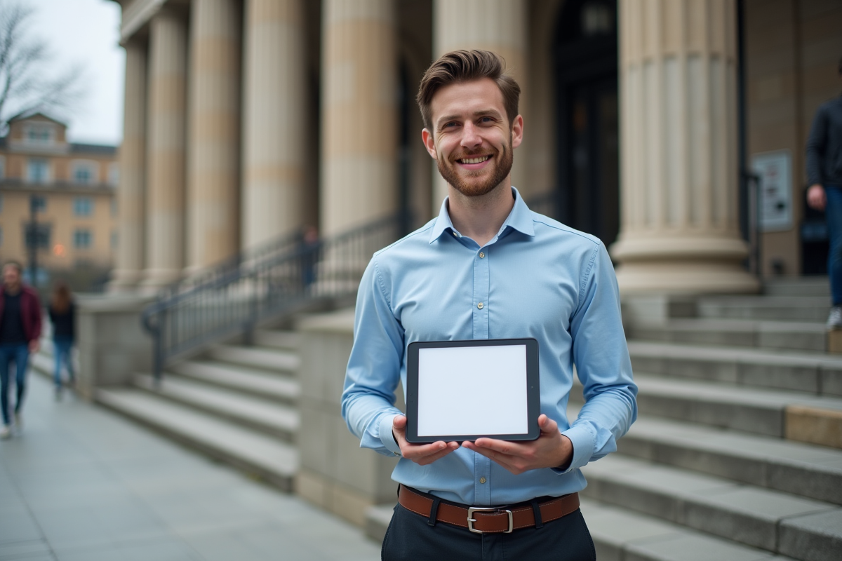 Jeune homme avec tablette devant un bâtiment public