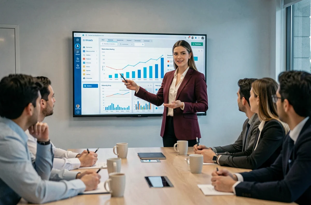 Stratège digitale de Kaptivate Agency présentant un tableau de bord analytique web à une équipe lors d'une réunion professionnelle
