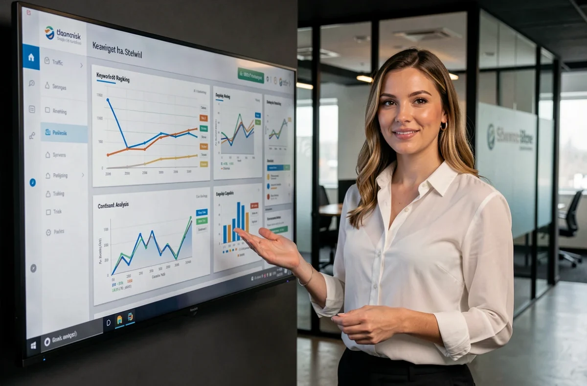 Chef de projet SEO de Keyweo présentant un tableau de bord de performance de référencement naturel en agence