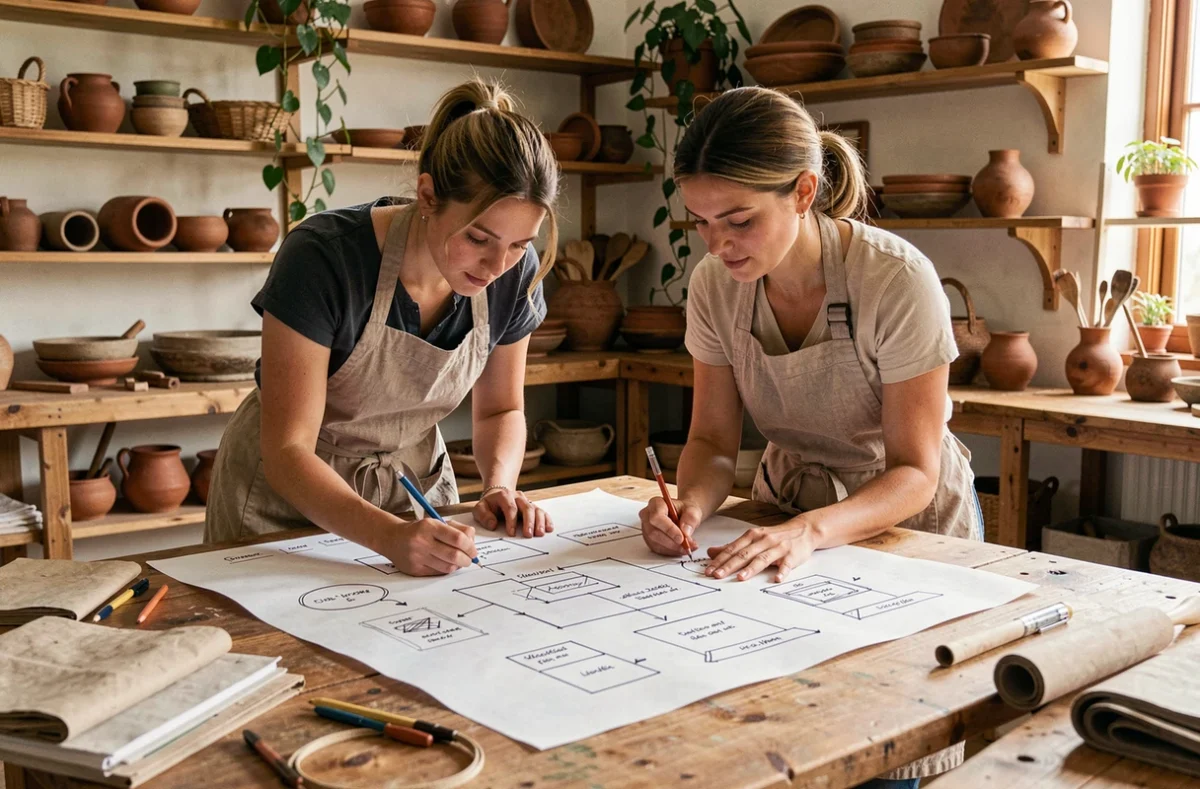 Deux créatrices des Ateliers Créa esquissant des maquettes de sites web sur papier dans un atelier artisanal chaleureux