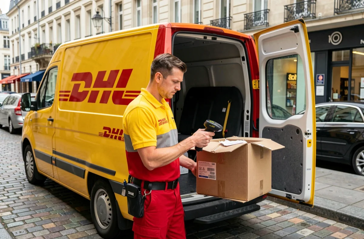 Livreur DHL en uniforme inspectant un colis endommagé à l'arrière de son camion de livraison en milieu urbain