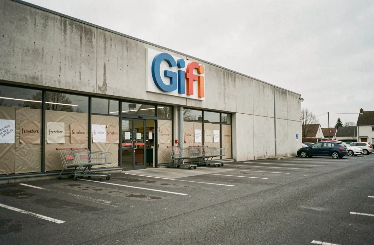 Façade d'un magasin GiFi fermé avec affichage de fermeture en zone commerciale périurbaine française