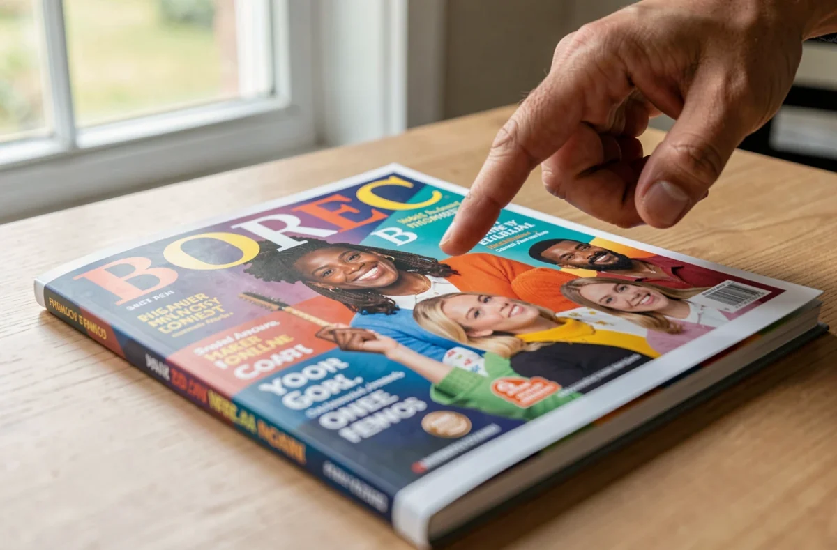 Main désignant le slogan d'une annonce publicitaire de magazine