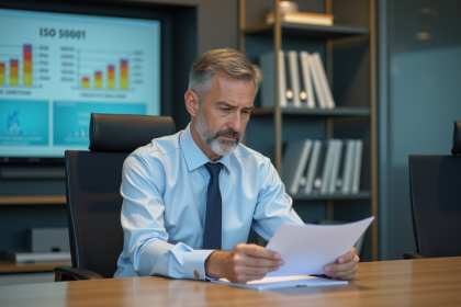 Manager énergie lisant un rapport ISO 50001 au bureau