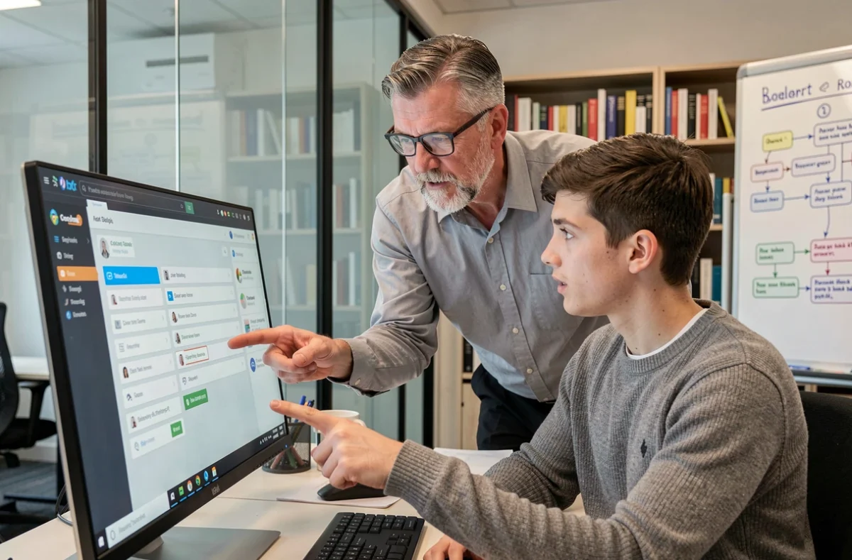 Manager RH expérimenté formant un jeune collègue à l'utilisation d'un logiciel RH en autodidacte sur le lieu de travail, apprentissage sur le tas