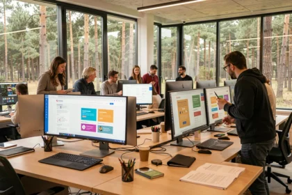 Vue d'ensemble d'une agence de création de sites internet dans les Landes avec une équipe de professionnels du web au travail