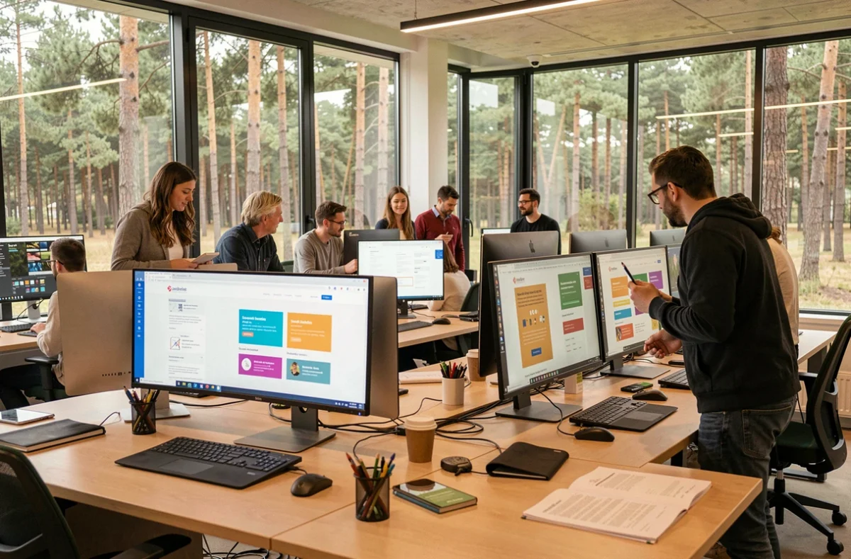 Vue d'ensemble d'une agence de création de sites internet dans les Landes avec une équipe de professionnels du web au travail