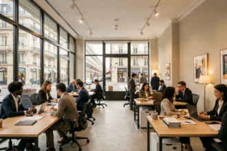 Vue d'ensemble d'une agence d'intérim parisienne animée avec des candidats et des recruteurs professionnels