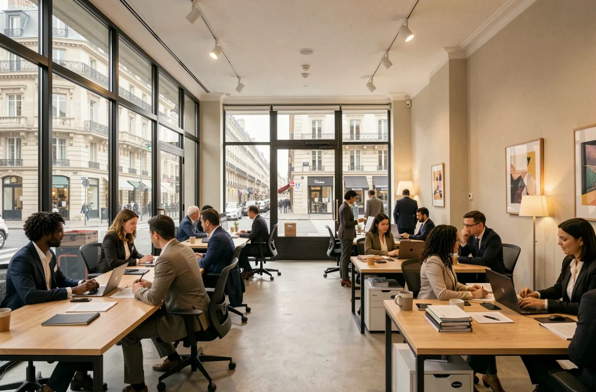 Vue d'ensemble d'une agence d'intérim parisienne animée avec des candidats et des recruteurs professionnels