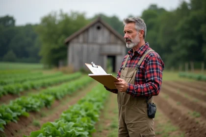 Agriculteur en micro-entreprise consultant des documents administratifs MSA ou Urssaf au bord de son champ cultivé