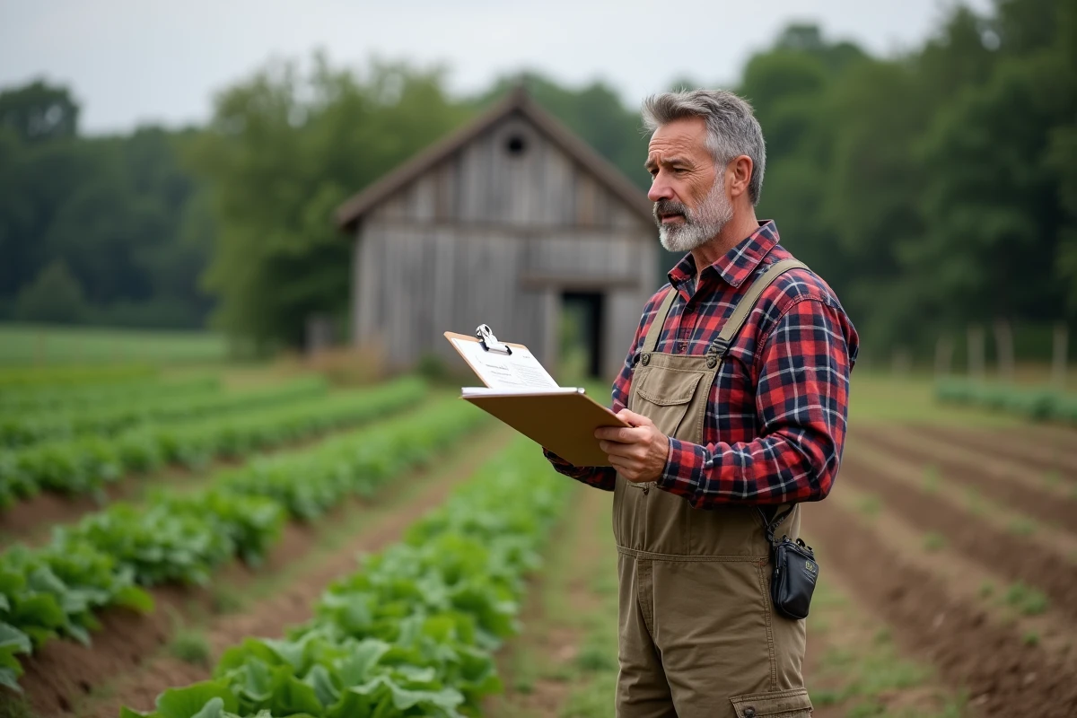 Agriculteur en micro-entreprise consultant des documents administratifs MSA ou Urssaf au bord de son champ cultivé