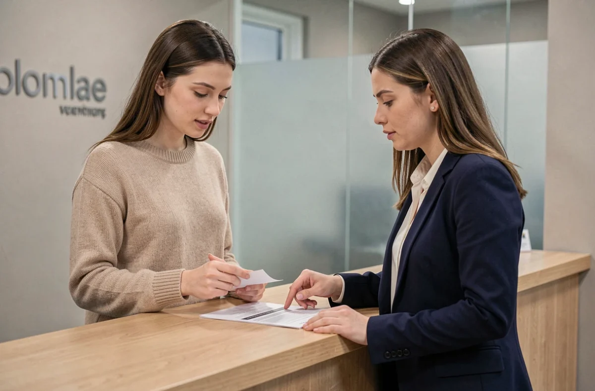 Femme discutant de coordonnées incorrectes avec une conseillère à un guichet de service client