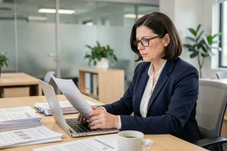 Femme professionnelle en blazer marine consultant des documents d'entreprise sur un bureau moderne pour mettre à jour un dossier administratif