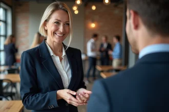 Femme d'affaires échangeant des cartes de visite lors d'un événement de networking B2B en espace de coworking